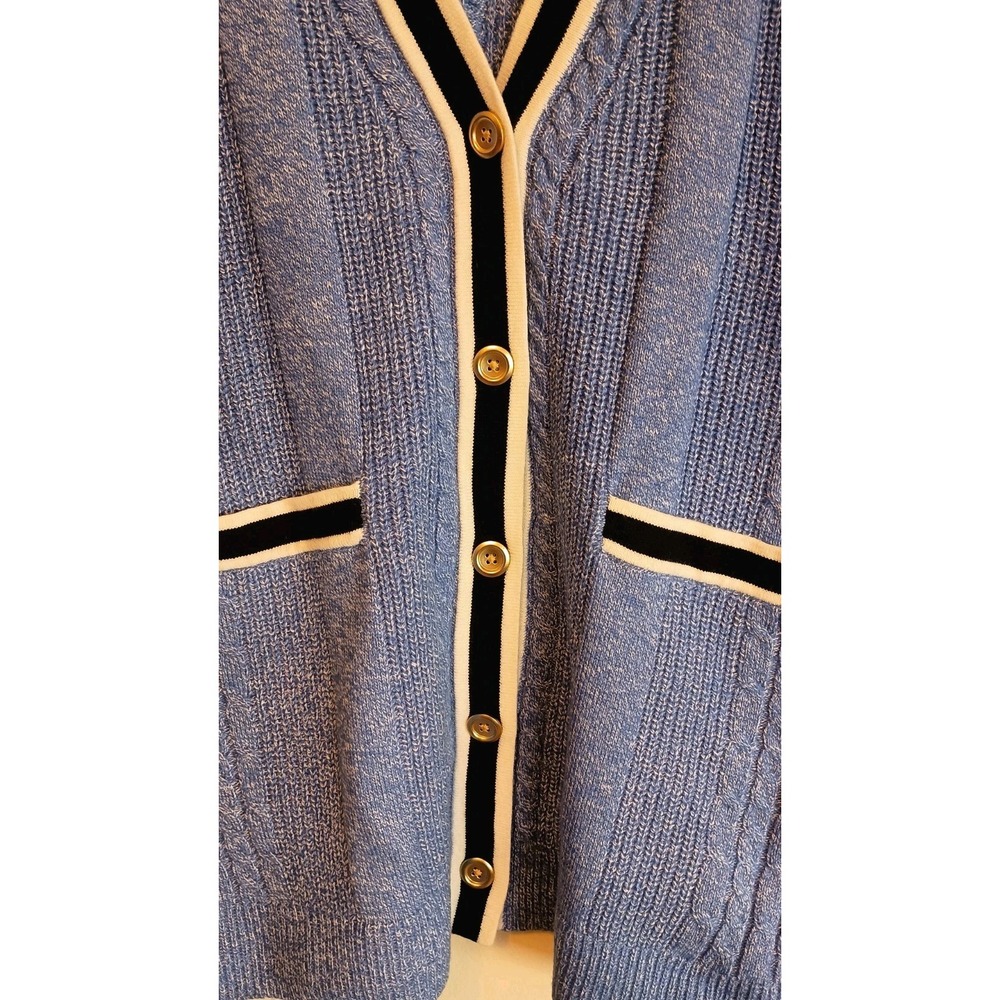 Talbots Petite MP Blue Cable Knit Cardigan Sweater Longline Contrast Trim Preppy - Picture 4 of 10